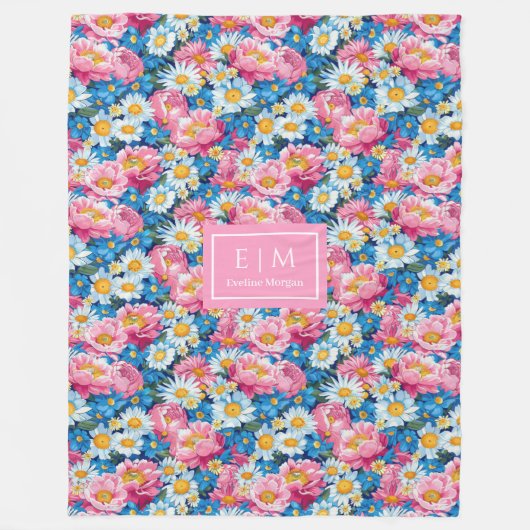 トレンディーパステルブルーとピンクのモノグラム名門私立校風のフリース フリースブランケット (正面)