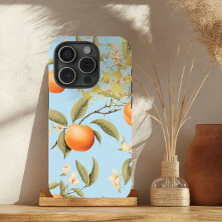トレンディーパステルブルー，オレンジと金ゴールドアプリコットフルーツ iPhone 15ケース