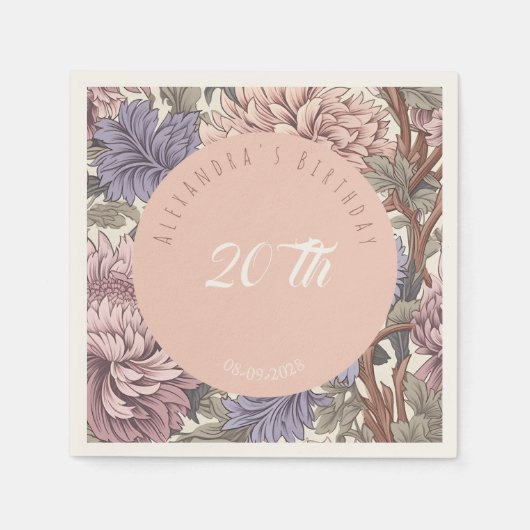 トレンディーパステルレトロフローラピンクブルー誕生日 スタンダードカクテルナプキン (正面)