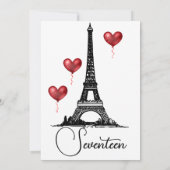トレンディーパリ、エッフェルタワー、レッドバルーン誕生日 招待状 (裏面)