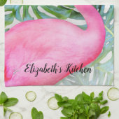 トレンディーパーソナライズされたピンクフラミンゴ熱帯葉 キッチンタオル (折り畳み)