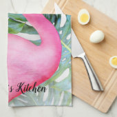 トレンディーパーソナライズされたピンクフラミンゴ熱帯葉 キッチンタオル (四つ折り)