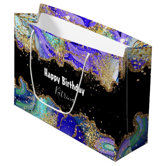 トレンディーパーソナライズされたブルー金ゴールドアゲットマーブル ラージペーパーバッグ (正面アングル)