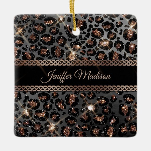 トレンディーパーソナライズされたレオパードブラック金ゴールドグリッター セラミックオーナメント (正面)