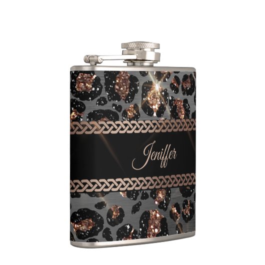 トレンディーパーソナライズされたレオパードブラック金ゴールドグリッター フラスク (右)