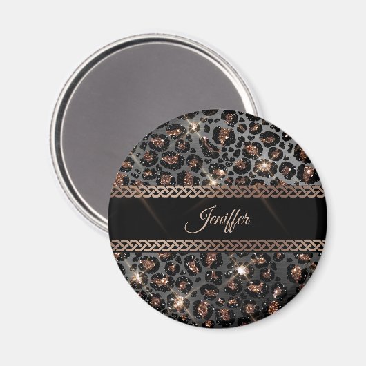 トレンディーパーソナライズされたレオパードブラック金ゴールドグリッター マグネット (正面/裏面)