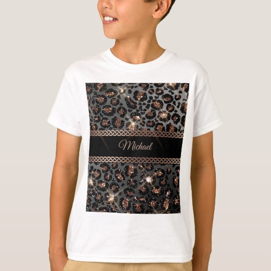 トレンディーパーソナライズされたレオパードブラック金ゴールドグリッター Tシャツ (正面)