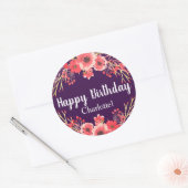 トレンディーパープルウォーターカラーフラワーズ誕生日 ラウンドシール (封筒)