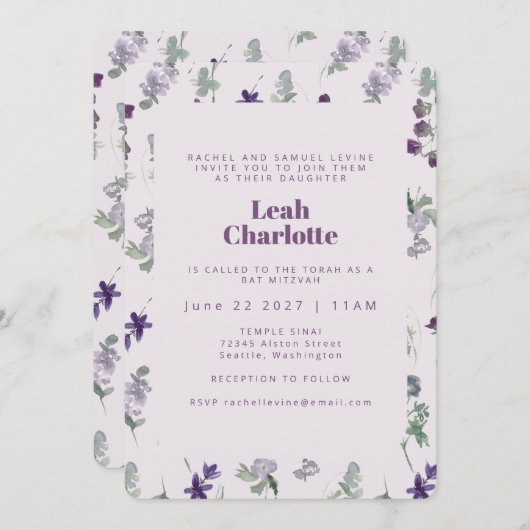 トレンディーパープルウォーター色フローラバルミツワー 招待状 (正面/裏面)