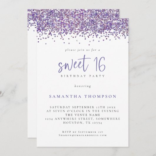 トレンディーパープルグリッタースウィート16バースデーパーティー 招待状 (正面/裏面)