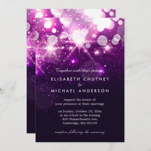 トレンディーパープルグリッタースパスタイリッシュクル結婚ズ 招待状 (正面/裏面)