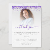 トレンディーパープルグリッター写真卒業感謝してい サンキューカード (正面)