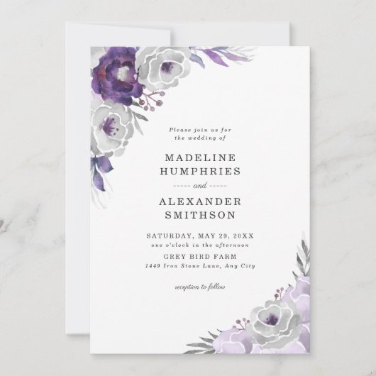 トレンディーパープルグレー水色フローラ結婚ズ 招待状 (正面)