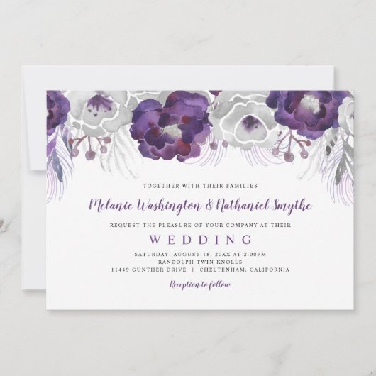 トレンディーパープルシルバーウォーターカラーフローラ結婚ズ 招待状 (正面)