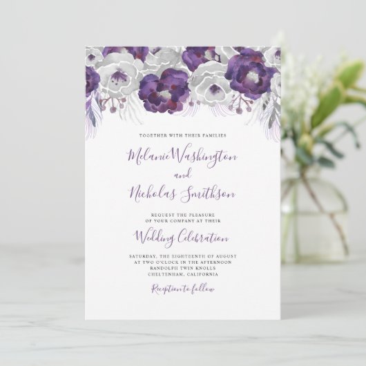 トレンディーパープルシルバーウォーターフローラ結婚ズ 招待状 (スタンド正面)