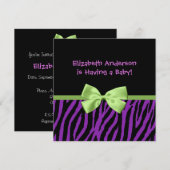 トレンディーパープルゼブラプリント及びリボンベビーシャワー 招待状 (正面/裏面)