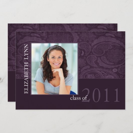 トレンディーパープルダマスクフォト卒業招待状 招待状 (正面/裏面)