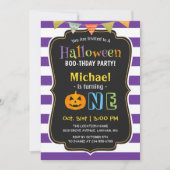トレンディーパープルハロウィーンベビーファーストバースデーパーティー 招待状 (正面)