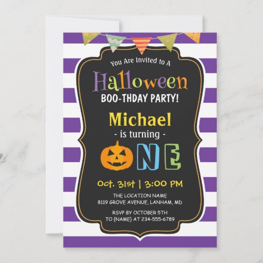 トレンディーパープルハロウィーンベビーファーストバースデーパーティー 招待状 (正面)