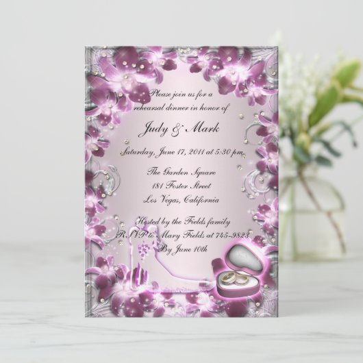 トレンディーパープルフローラシックリハーサルディナー招待状 招待状 (スタンド正面)