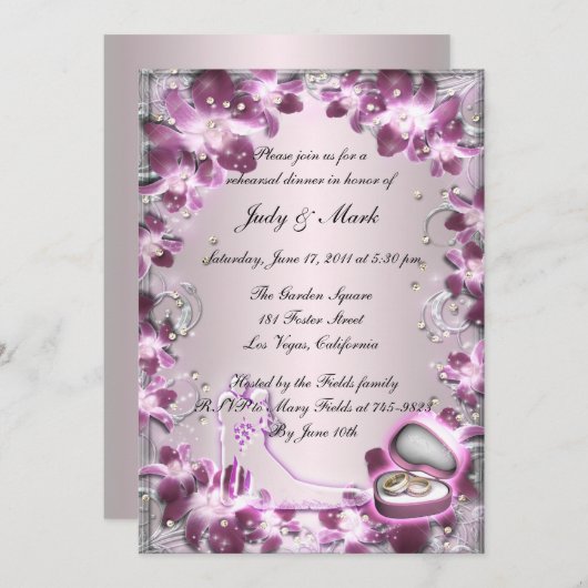 トレンディーパープルフローラシックリハーサルディナー招待状 招待状 (正面/裏面)