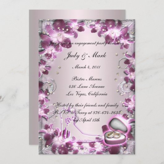 トレンディーパープルフローラシック婚約パーティ招待状 招待状 (正面/裏面)