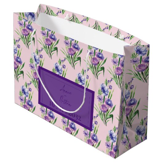 トレンディーパープルブルーフローラルパターン結婚式の引き出物 ラージペーパーバッグ (裏面アングル)