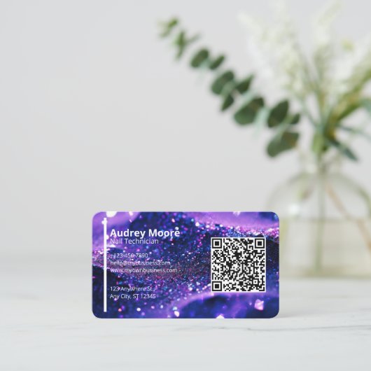 トレンディーパープルプロフェッショナルカードQRコード爪、 ネイル技術 名刺 (スタンド正面)