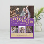 トレンディーパープル金ゴールドメリークリスマスフォトコラージュ シーズンカード (スタンド正面)