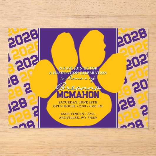 トレンディーパープル&金ゴールド卒業ポープリント澄ん アクリル招待状 (正面)