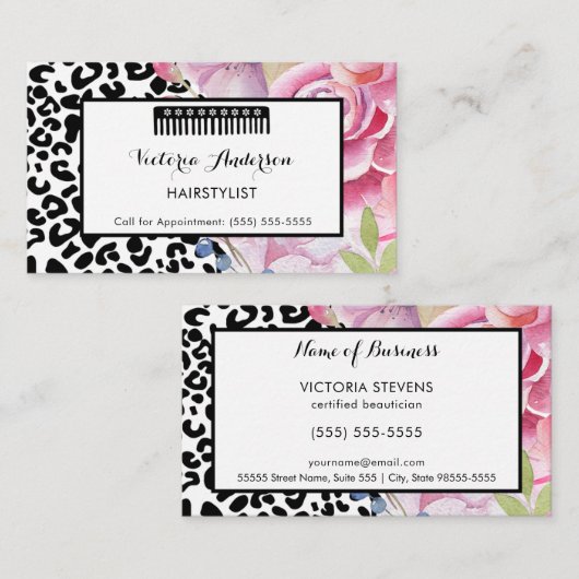 トレンディーヒョウ印刷フローラヘアスタイリスト(コーム付き) 名刺 (正面/裏面)