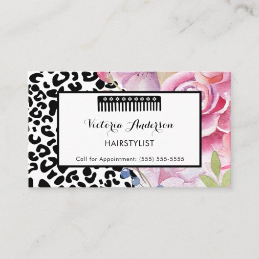 トレンディーヒョウ印刷フローラヘアスタイリスト(コーム付き) 名刺 (正面)
