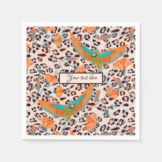 トレンディーヒョウ柄，パラダイスの鳥，オレンジ スタンダードカクテルナプキン (正面)