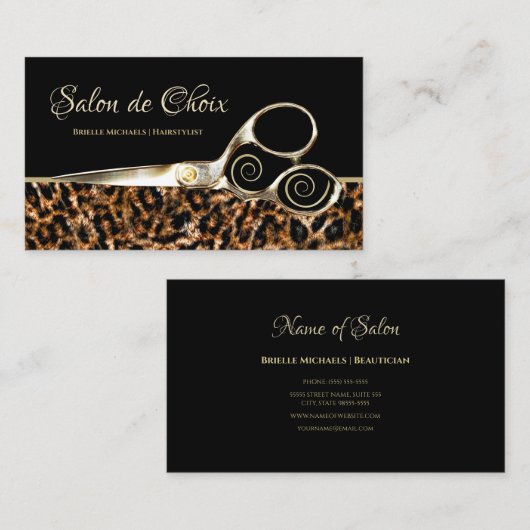 トレンディーヒョウ毛エレガント金ゴールドはさみサロン 名刺 (正面/裏面)