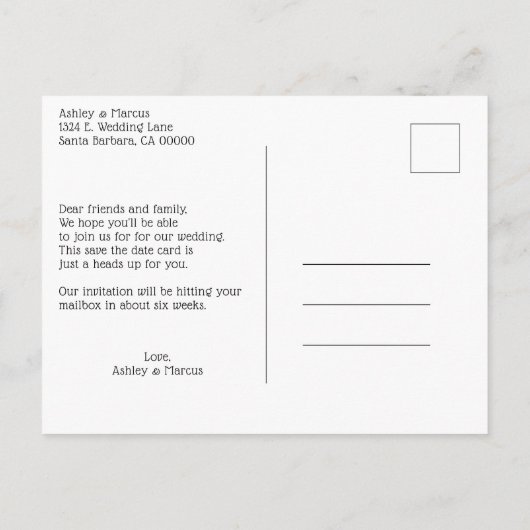 トレンディービーチの署名結婚式の日付を保存 案内ポストカード (裏面)