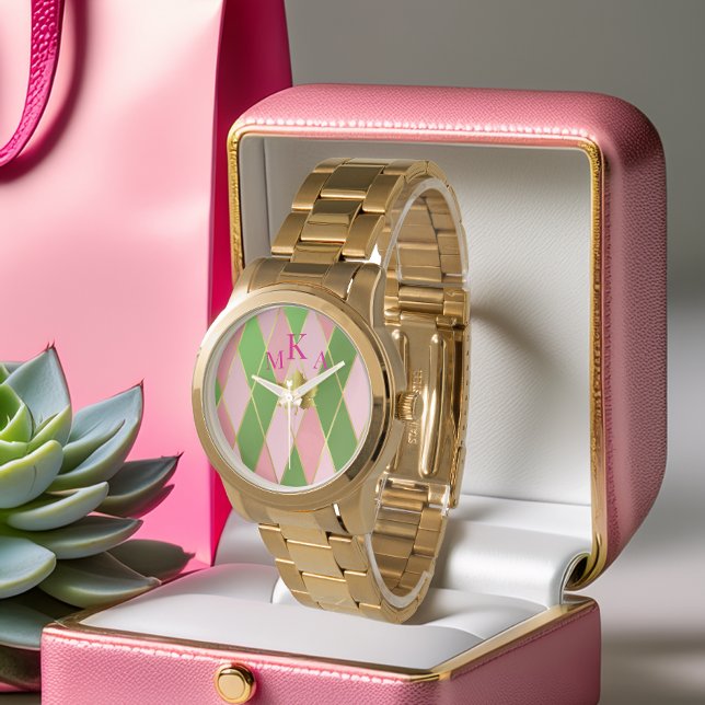 トレンディーピンクとグリーン金ゴールドモノグラム 腕時計 (Stylish Pink and Green Gold Argyle Monogrammed Watch )