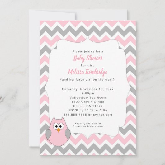 トレンディーピンクとグレーのフクロウの女の子の赤ちゃんシャワー 招待状 (正面)
