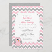 トレンディーピンクとグレーのフクロウの女の子の赤ちゃんシャワー 招待状 (正面/裏面)