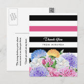トレンディーピンクとブラックのストライプフローラありがとう ポストカード (正面/裏面)