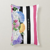 トレンディーピンクとブラックのストライプフローラ（名前） アクセントクッション (正面(垂直))