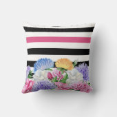 トレンディーピンクとブラックのストライプフローラ（名前） クッション (裏面)