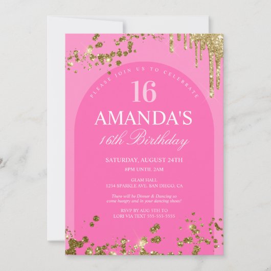 トレンディーピンクと金ゴールドグリッタードリップ誕生日 招待状 (正面)