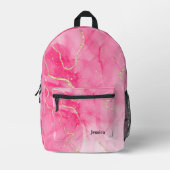 トレンディーピンクと金ゴールドマーブル プリントバックパック (正面)