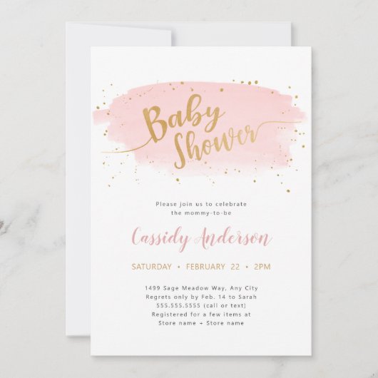 トレンディーピンクと金ゴールド水色ベビーシャワー 招待状 (正面)