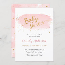 トレンディーピンクと金ゴールド水色ベビーシャワー 招待状