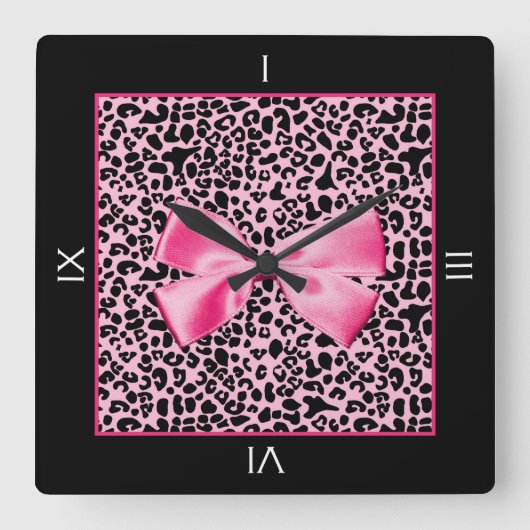 トレンディーピンクと黒豹ホットピンクリボン スクエア壁時計 (正面)