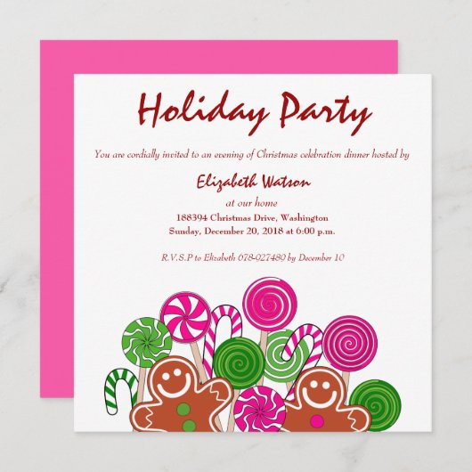 トレンディーピンクのクリスマスジンジャーパン 招待状 (正面/裏面)