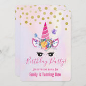 トレンディーピンクのユニコーンと花の誕生日パーティー 招待状 (正面/裏面)