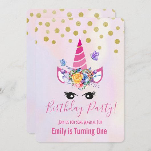トレンディーピンクのユニコーンと花の誕生日パーティー 招待状 (正面/裏面)