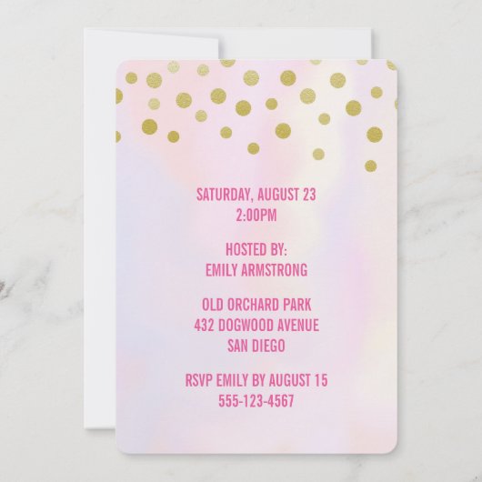 トレンディーピンクのユニコーンと花の誕生日パーティー 招待状 (裏面)